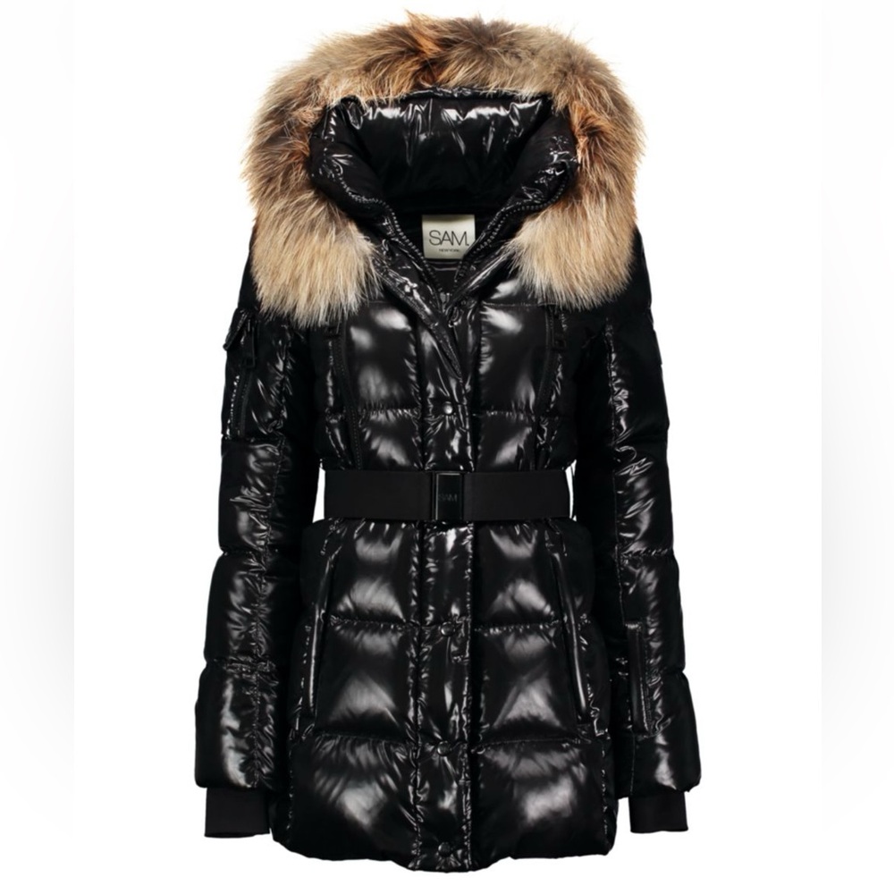 SAM. Millennium Fox Fur-Trim Belted Down Puffer Jacket